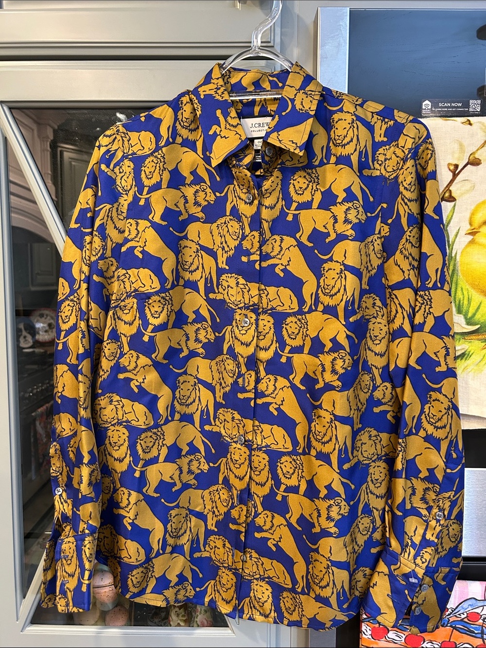 J. Crew Collection Blue and Gold Lion Print Silk Button-Up Shirt 00